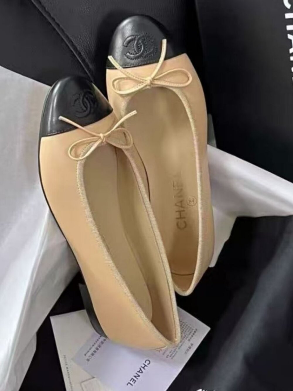 CHANEL Beige Black CC Logo Ballet Flat Shoes